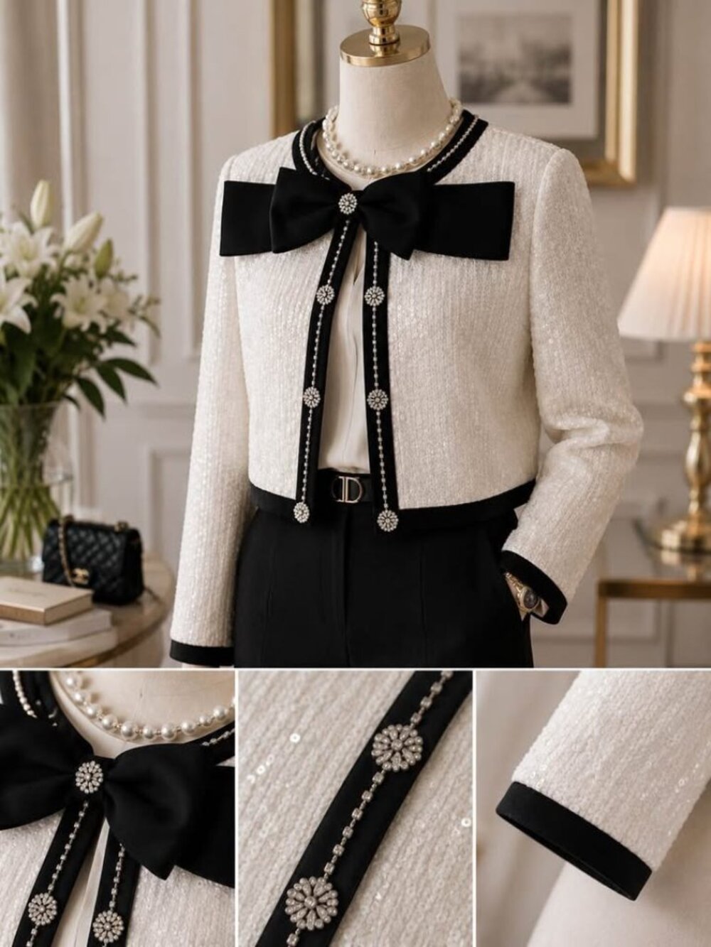 Elegant White Sequin Jacket with Black Bow Detail - Luxury Chic Statement Piece